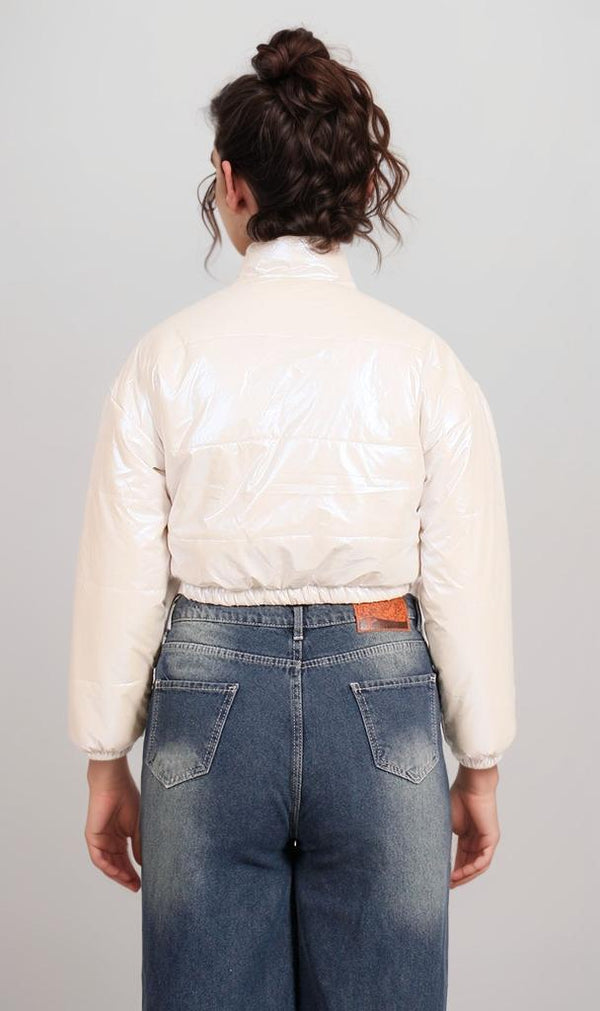 O199030-O199030 - Hooded Cropped Puffer Jacket - Beige