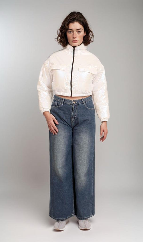 O199030-O199030 - Hooded Cropped Puffer Jacket - Beige