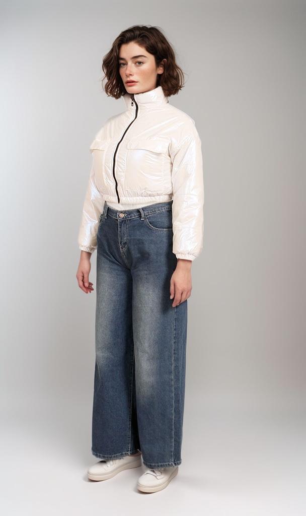 O199030-O199030 - Hooded Cropped Puffer Jacket - Beige