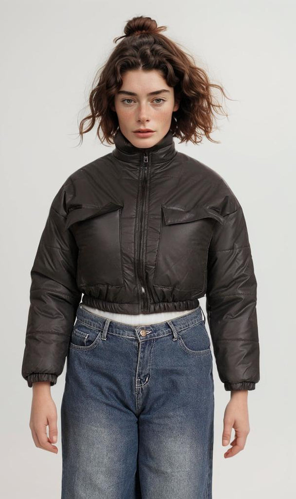 O199032-O199032 - Cropped Puffer Jacket - Black