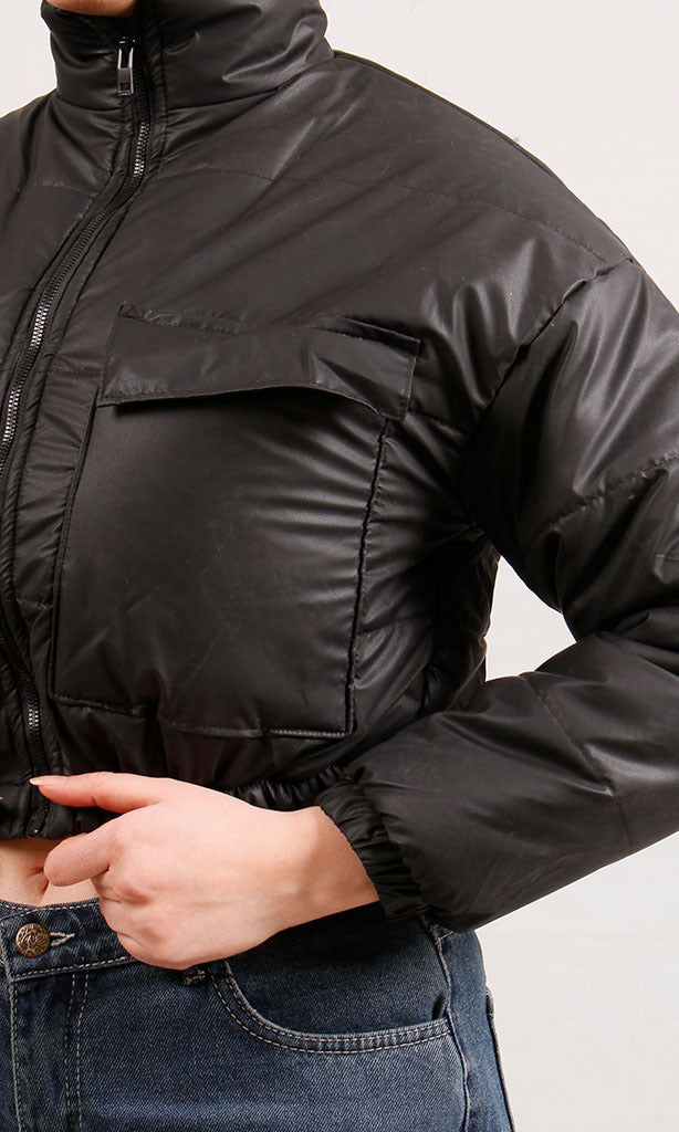 O199032-O199032 - Cropped Puffer Jacket - Black