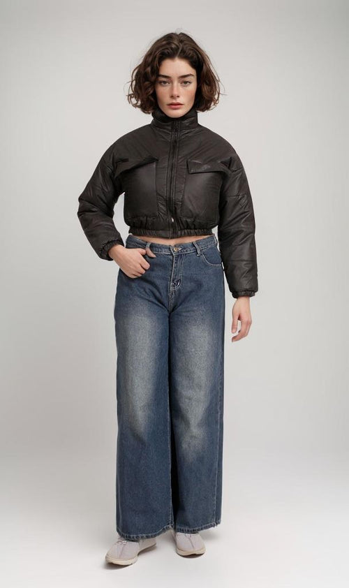 O199032-O199032 - Cropped Puffer Jacket - Black