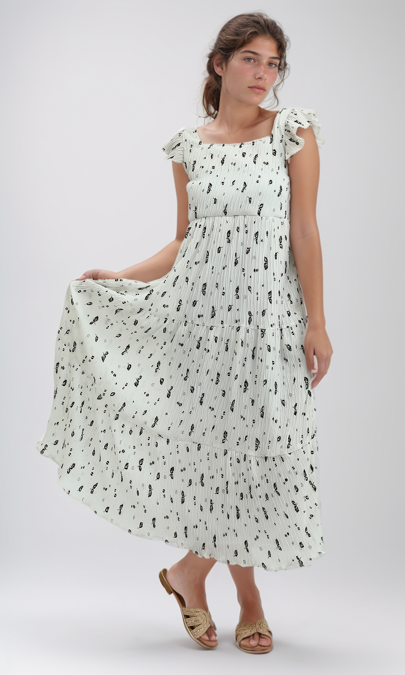 فستان ماكسي أبيض زهور مطبوعة مع تفاصيل كشكشة