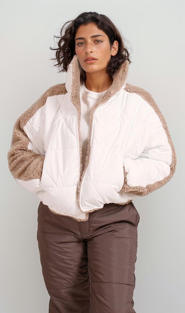 O199098 - Water Proof Sherpa Jacket - White & Brown