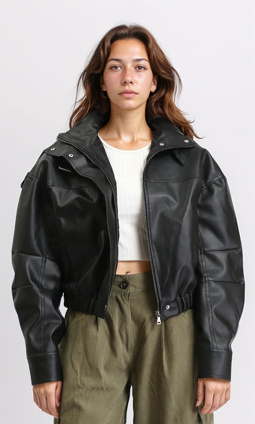 O199139 - Long Sleeves Zipped Bomber Jacket - Black