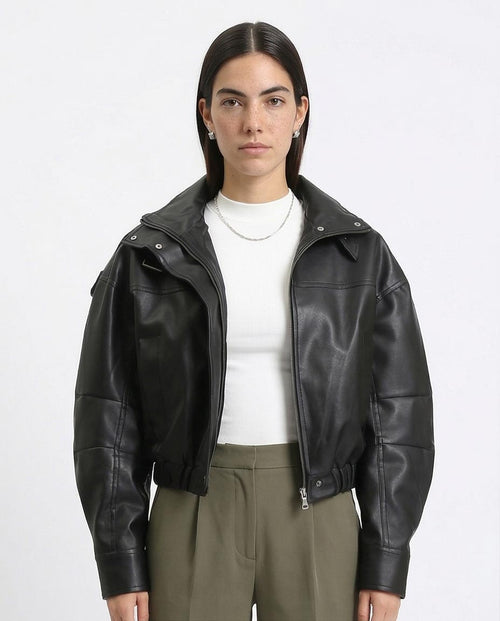 Ravin Oversized Cropped Faux-Leather Bomber Jacket - Black - O199139