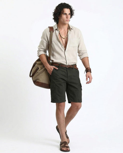 Ravin Dark Olive Regular Fit Utility Cargo Shorts with Bellows Pockets - O199148