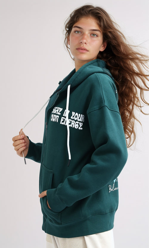 O199199 Zipper Through Pocket Printed Hoodie - Dark Green