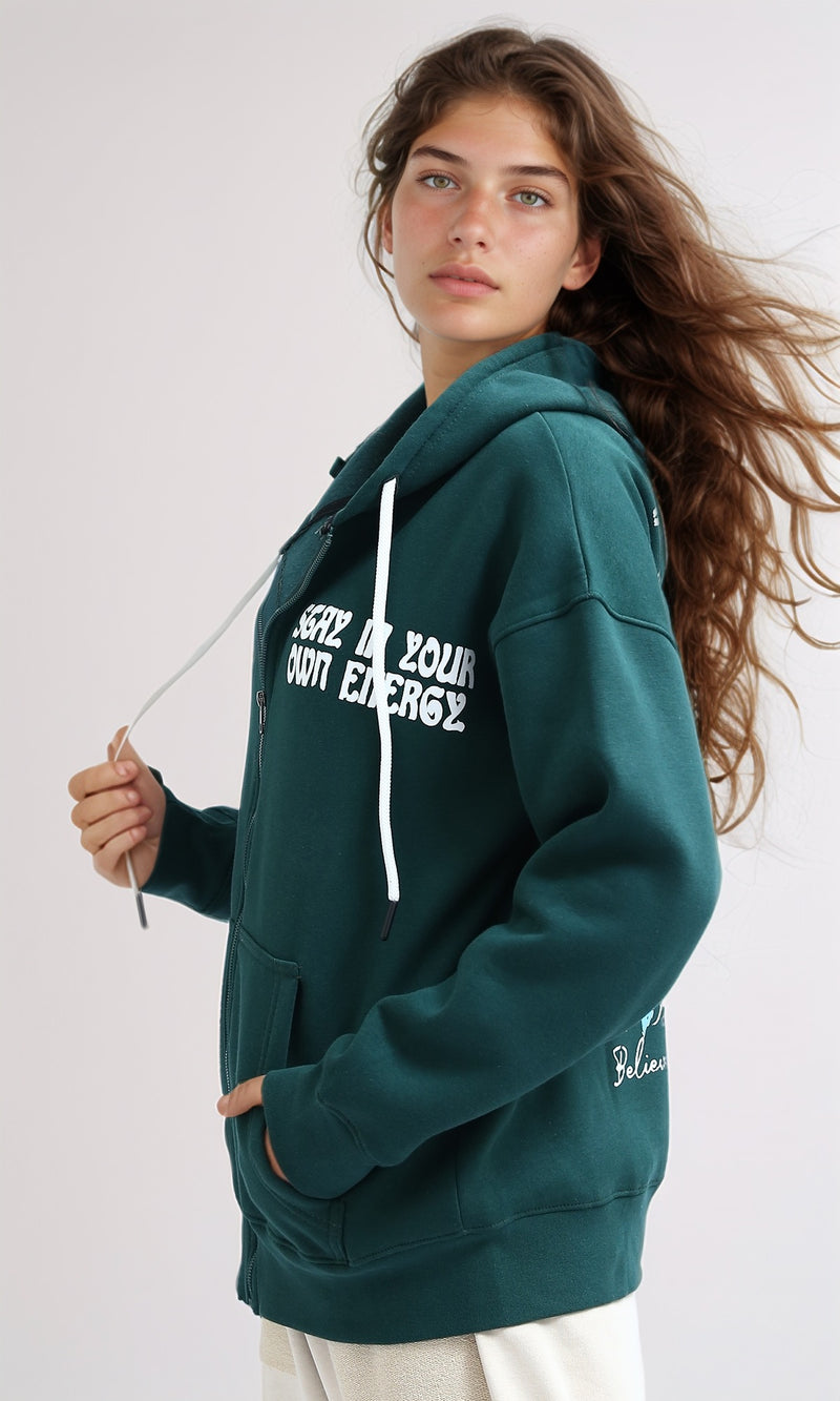 O199199 Zipper Through Pocket Printed Hoodie - Dark Green