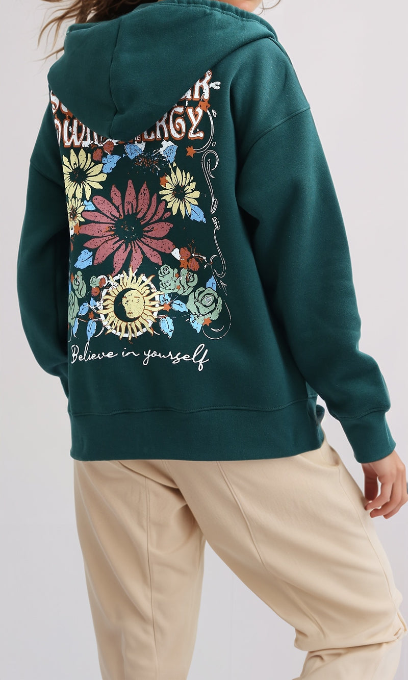 O199199 Zipper Through Pocket Printed Hoodie - Dark Green