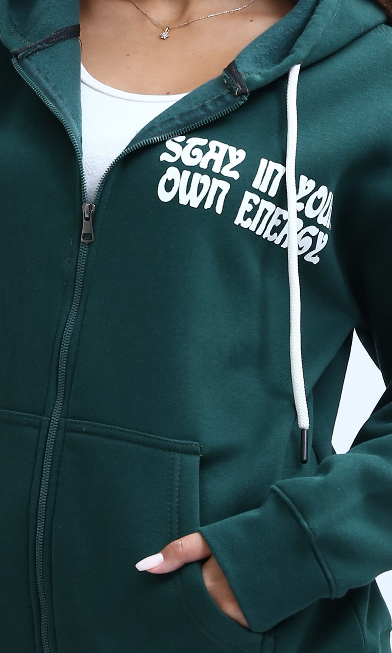 O199199 Zipper Through Pocket Printed Hoodie - Dark Green