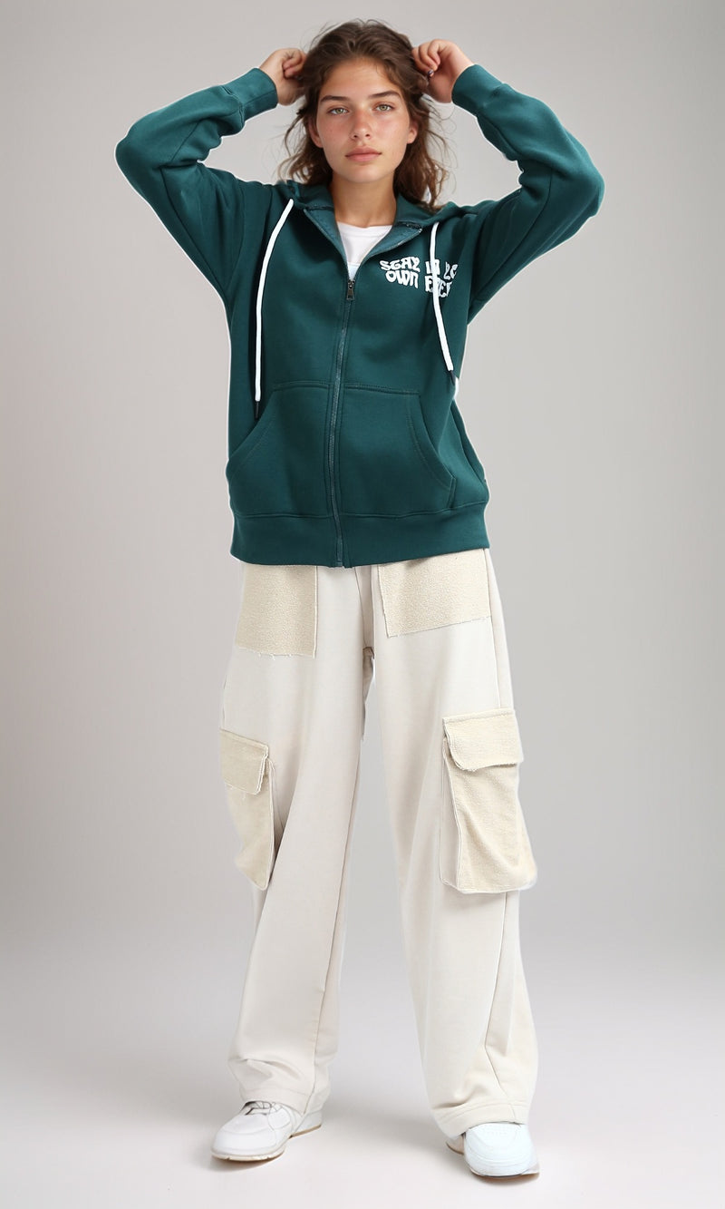 O199199 Zipper Through Pocket Printed Hoodie - Dark Green