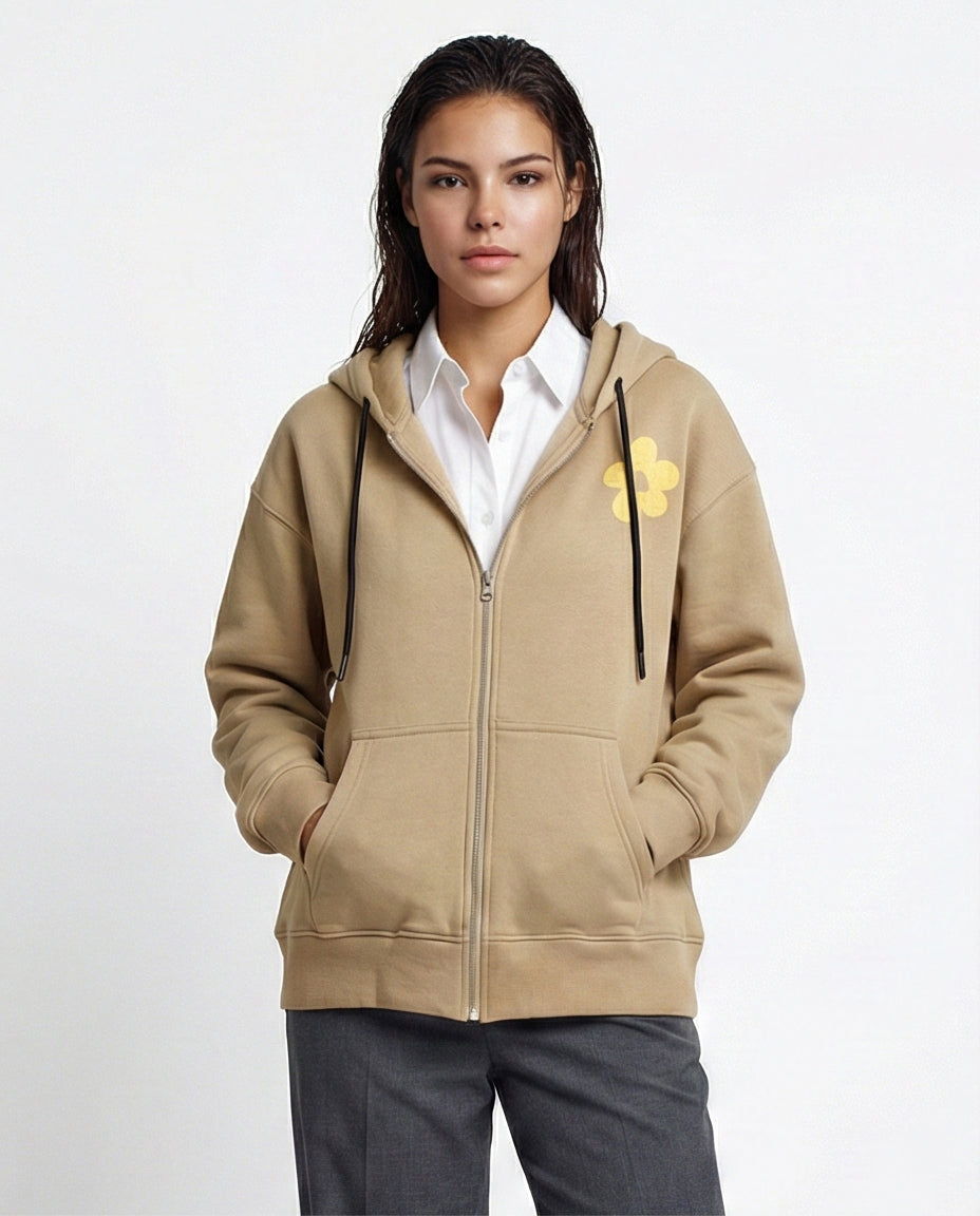 O199201 - Printed Hooded Neck with Drawstring Beige Hoodie