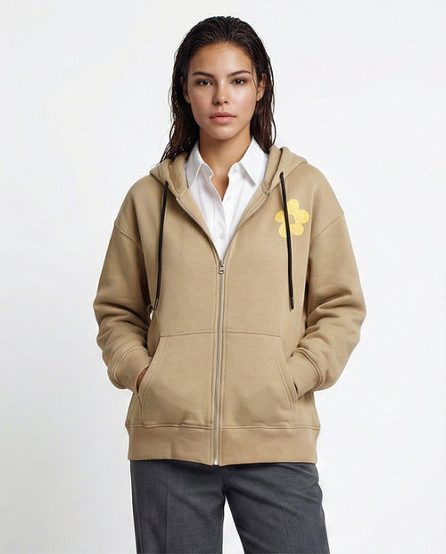 O199201 - Printed Hooded Neck with Drawstring Beige Hoodie