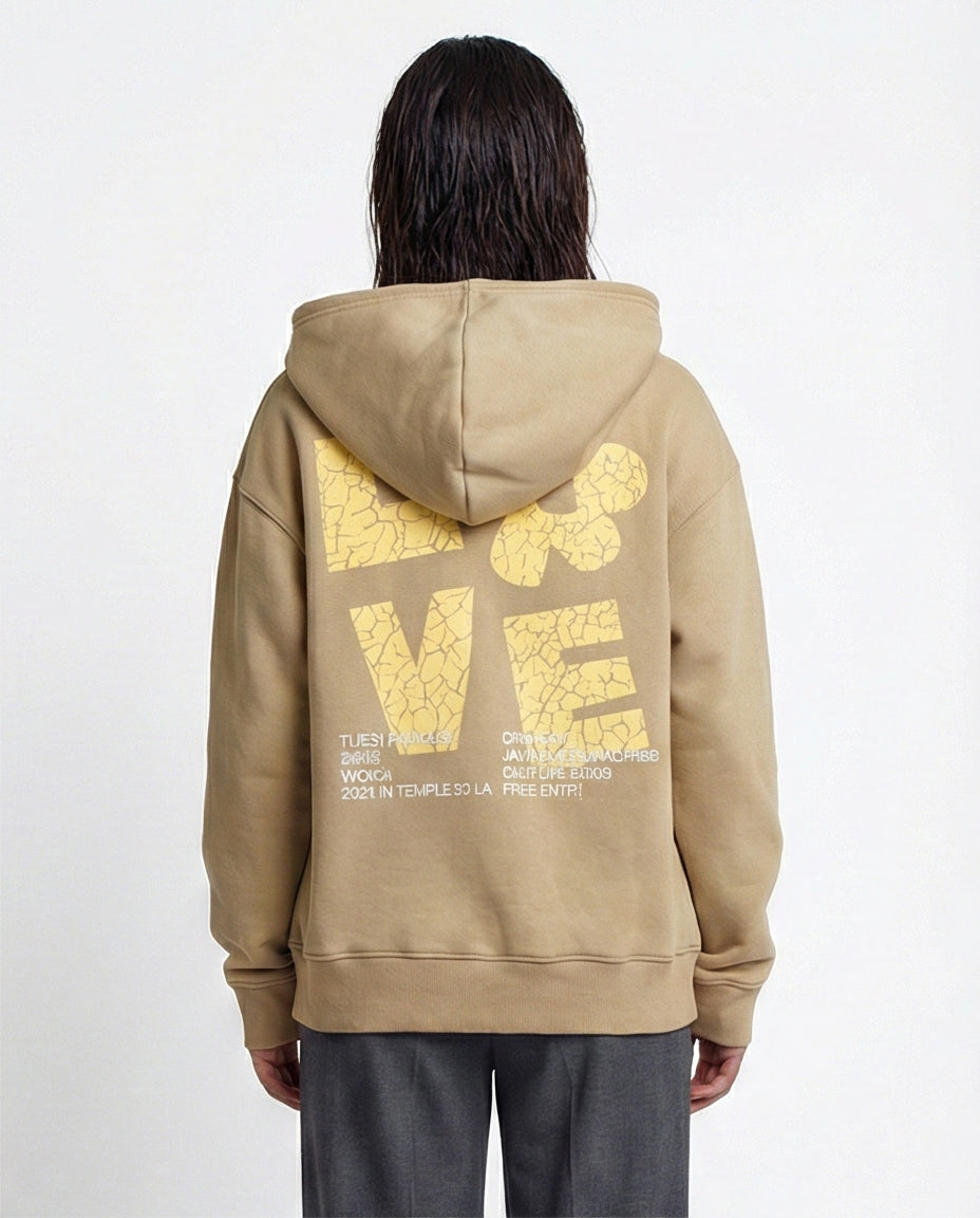 O199201 - Printed Hooded Neck with Drawstring Beige Hoodie