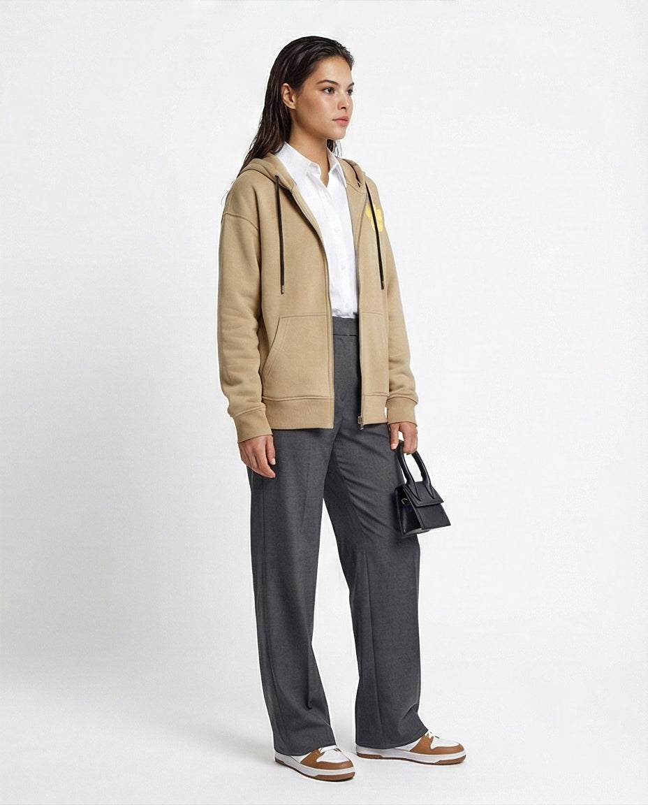 O199201 - Printed Hooded Neck with Drawstring Beige Hoodie