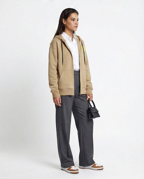 O199201 - Printed Hooded Neck with Drawstring Beige Hoodie