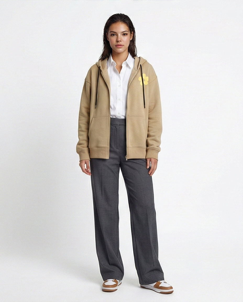 O199201 - Printed Hooded Neck with Drawstring Beige Hoodie