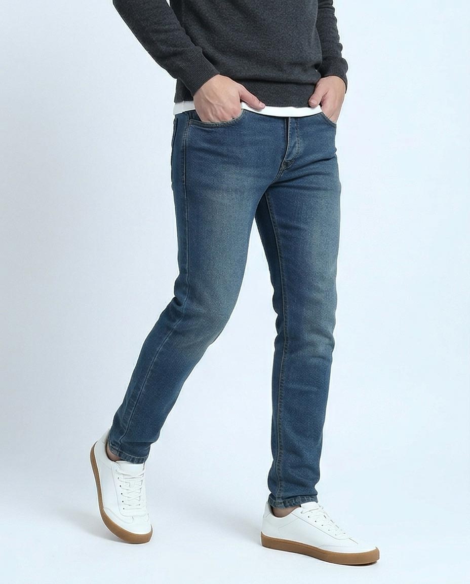 Blue Slim Leg Jeans - Solid Cotton Denim Pants for Men - O199296