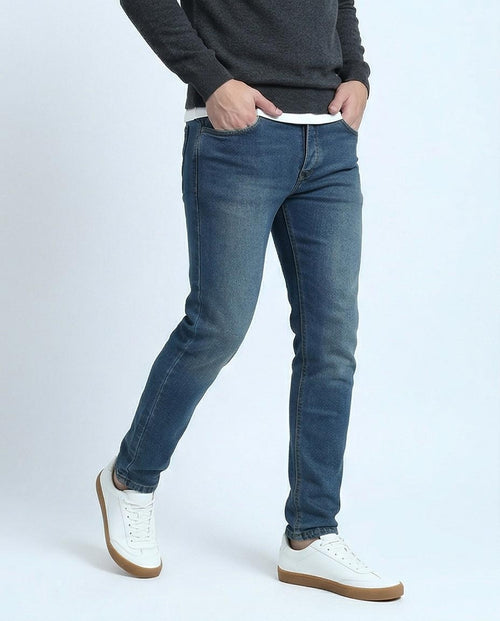 Blue Slim Leg Jeans - Solid Cotton Denim Pants for Men
