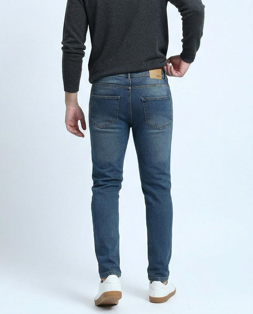 Blue Slim Leg Jeans - Solid Cotton Denim Pants for Men