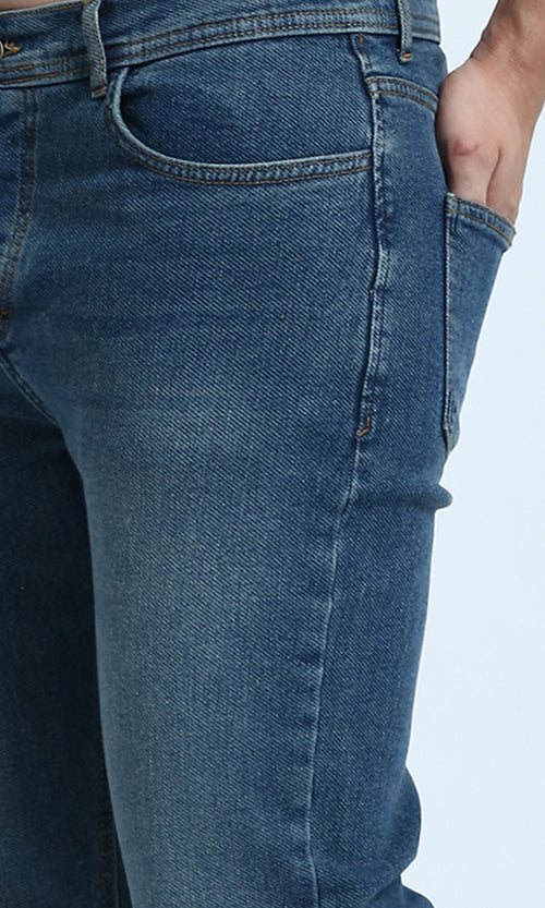 Blue Slim Leg Jeans - Solid Cotton Denim Pants for Men