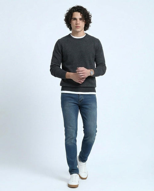 Blue Slim Leg Jeans - Solid Cotton Denim Pants for Men