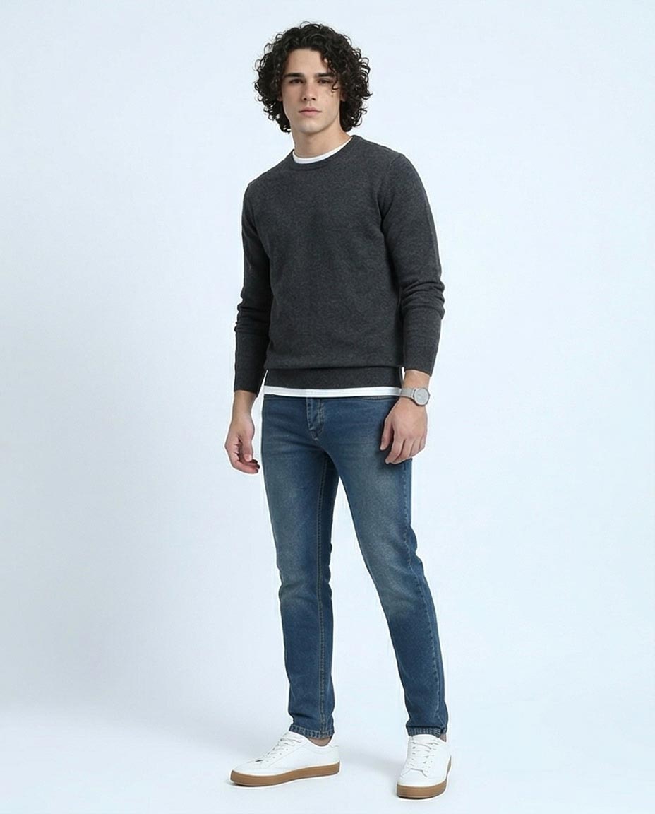 Blue Slim Leg Jeans - Solid Cotton Denim Pants for Men