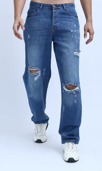 O199301 - Fashionable Cotton Ripped Jeans - Jeans Blue