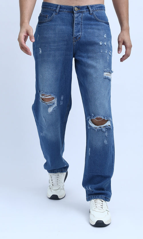 O199301 - Fashionable Cotton Ripped Jeans - Jeans Blue