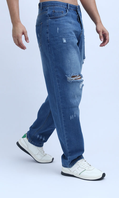 O199301 - Fashionable Cotton Ripped Jeans - Jeans Blue