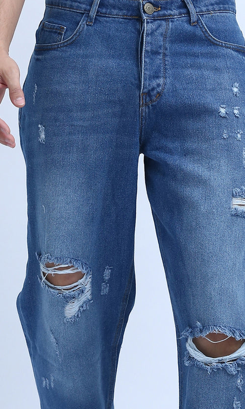 O199301 - Fashionable Cotton Ripped Jeans - Jeans Blue