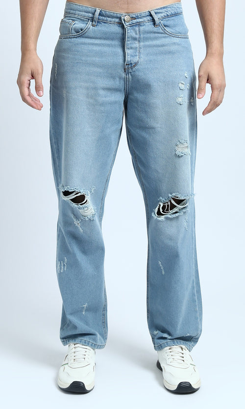 O199302 - Fashionable Cotton Ripped Jeans - Light Jeans Blue