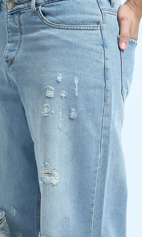 O199302 - Fashionable Cotton Ripped Jeans - Light Jeans Blue
