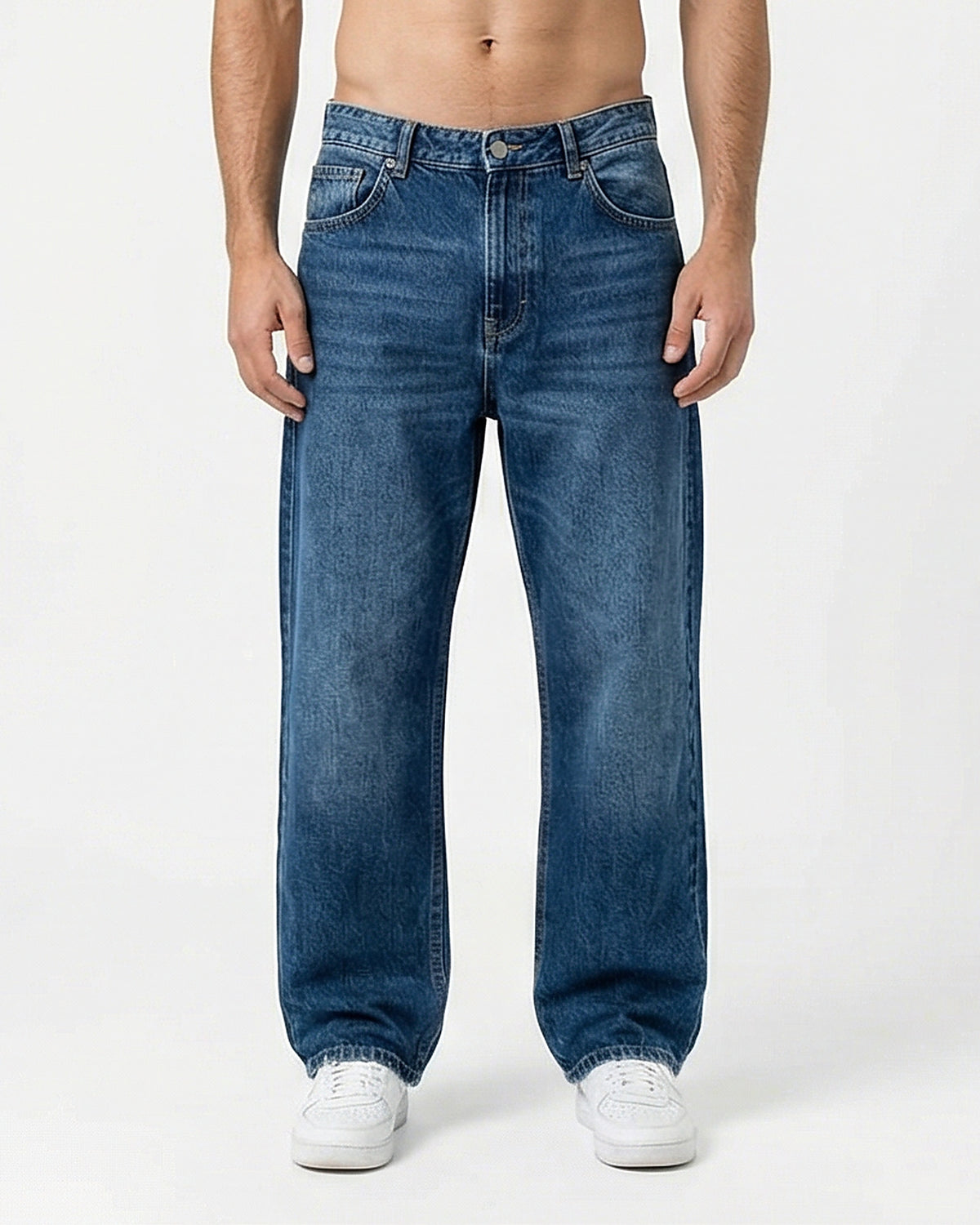 Mid-Blue Relaxed Straight Fit Denim Jeans - O199304