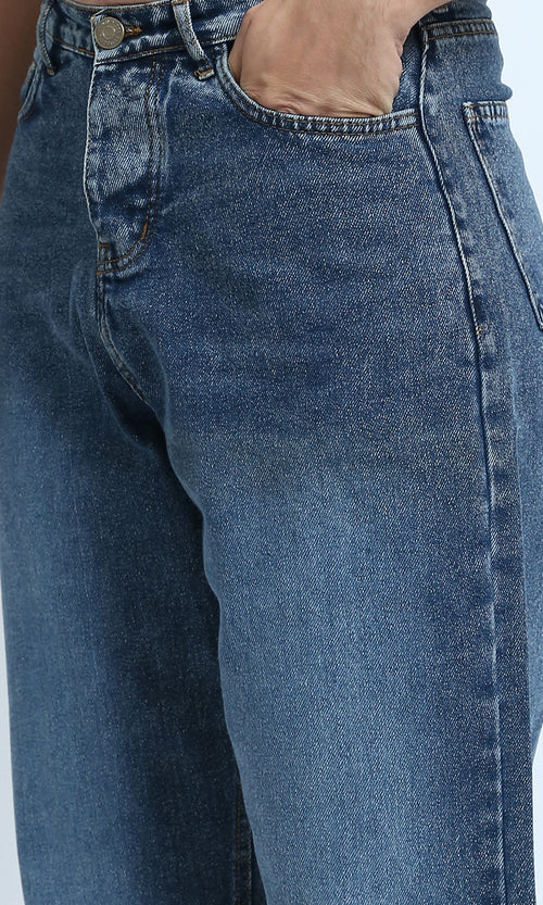 O199304 - Solid Wide Leg Casual Jeans - Dark Blue