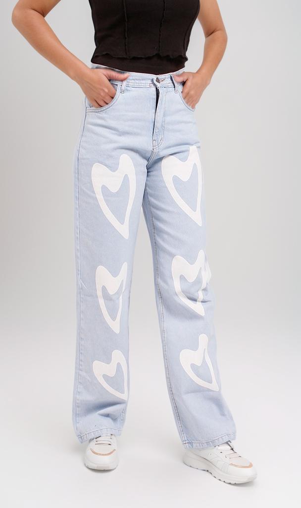 o199316-HEART-PATTERNED WIDE-LEG JEANS - LIGHT BLUE