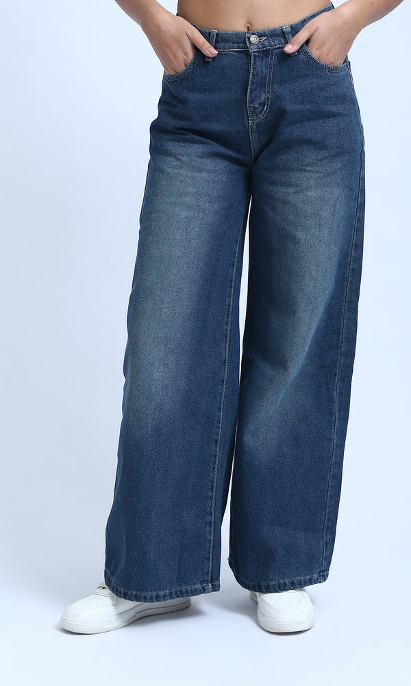O199326 - Casual Straight Leg Jeans with Slash Pockets - Jeans Blue