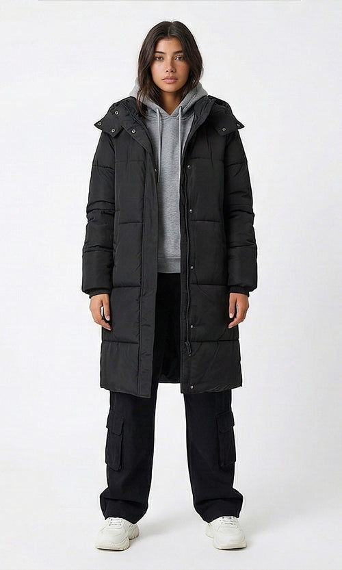 Black Hooded Long Puffer Coat