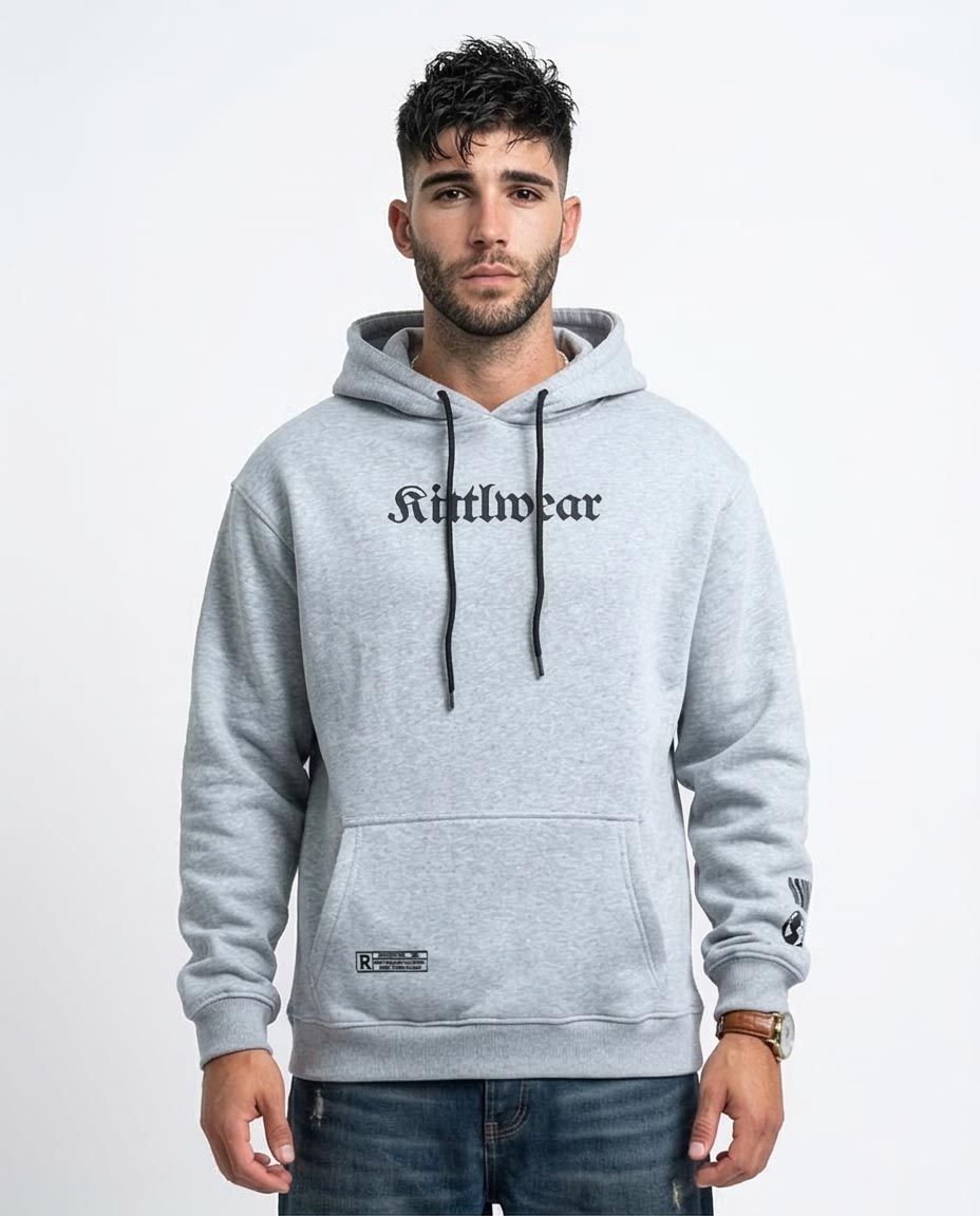 Man wearing a gray hoodie with 'Kithwear' branding on a white background