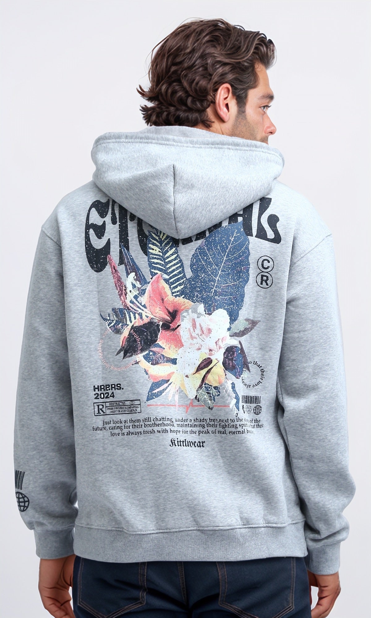 O199369 Front & Back Printed Long Sleeve Hoodie - Heather Light Grey