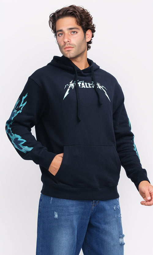 O199373 - Printed ''Metalica'' Casual Hoodie - Black