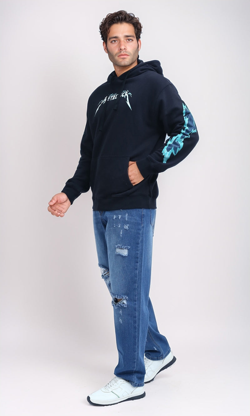 O199373 - Printed ''Metalica'' Casual Hoodie - Black