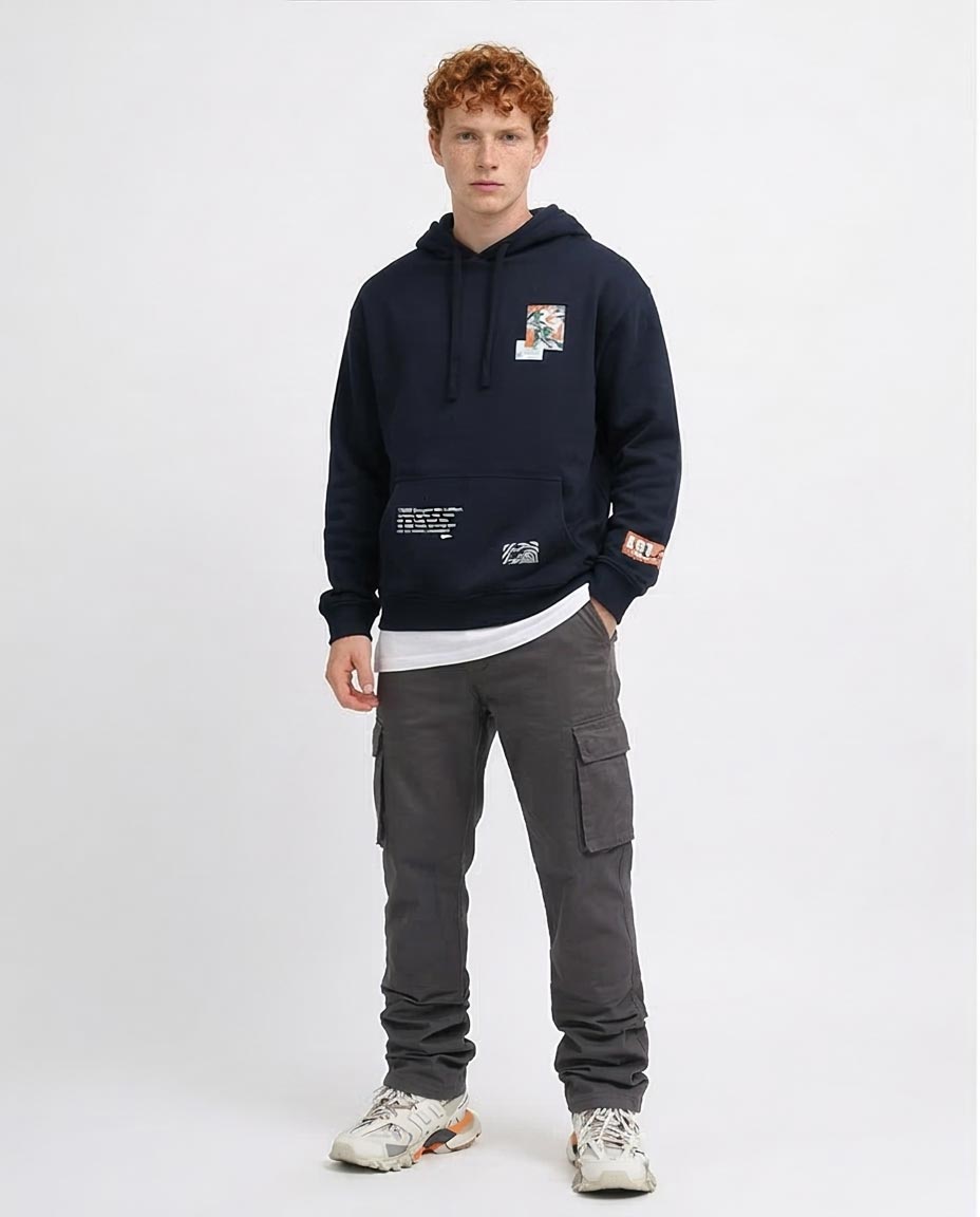 Navy Graphic Print Streetwear Hoodie - 0199375