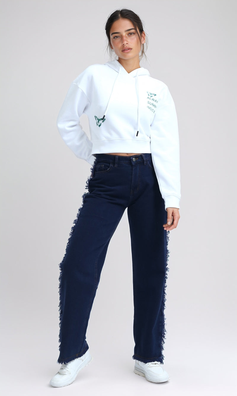O199388 - Fashionable Long Sleeves Cropped Hoodie - White