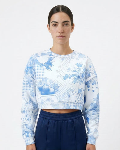 RAVIN Women’s Toile-Print Cropped Sweatshirt – Blue & White Botanical Collage - O199396