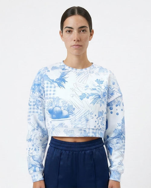 RAVIN Women’s Toile-Print Cropped Sweatshirt – Blue & White Botanical Collage - O199396