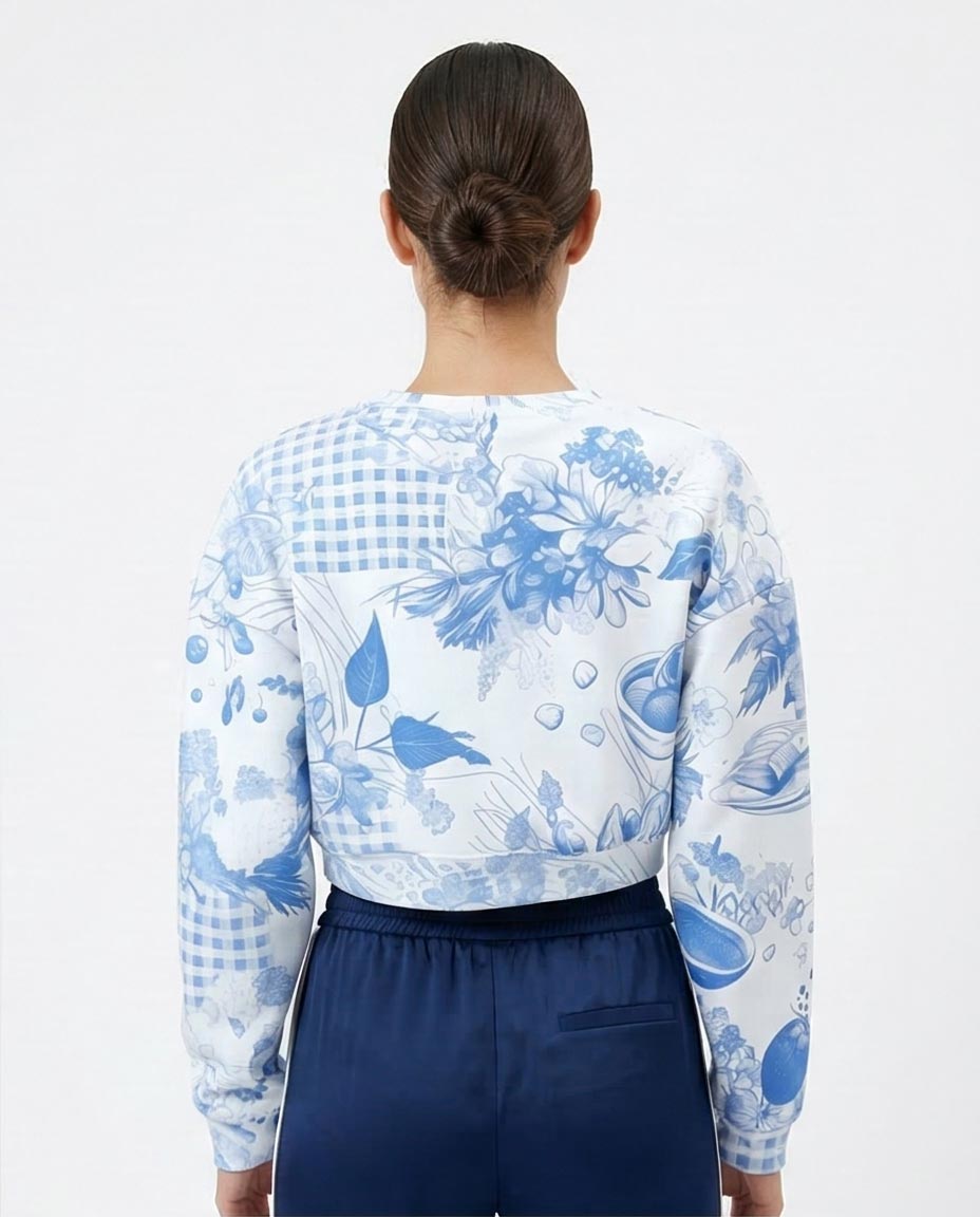 RAVIN Women’s Toile-Print Cropped Sweatshirt – Blue & White Botanical Collage - O199396