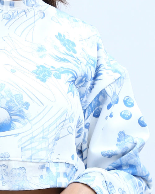 RAVIN Women’s Toile-Print Cropped Sweatshirt – Blue & White Botanical Collage - O199396