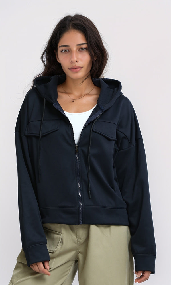 O199399 - Solid Long Comfy Hoodie with Front Pockets - Navy Blue